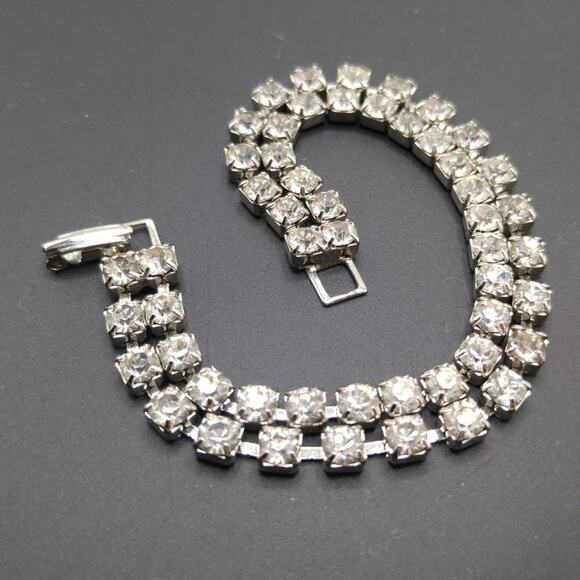Vintage Double Strand Clear Rhinestone Bracelet, 7 Inches, Wedding Bridal - Picture 1 of 8